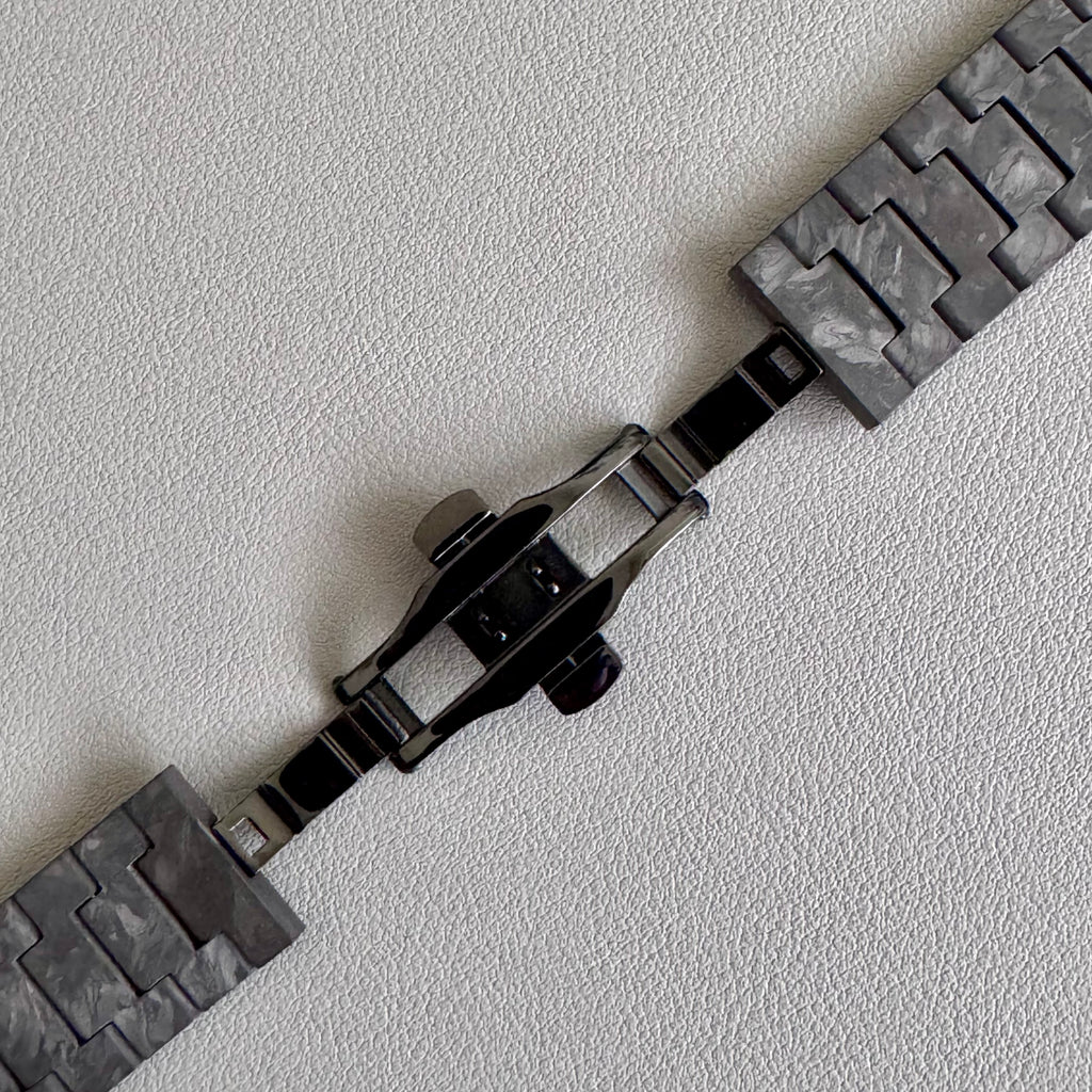 Further close up of PVD black steel butterfly clasp