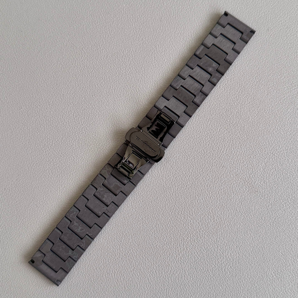 20mm flat end Forged Carbon watch bracelet with PVD black steel butterfly clasp