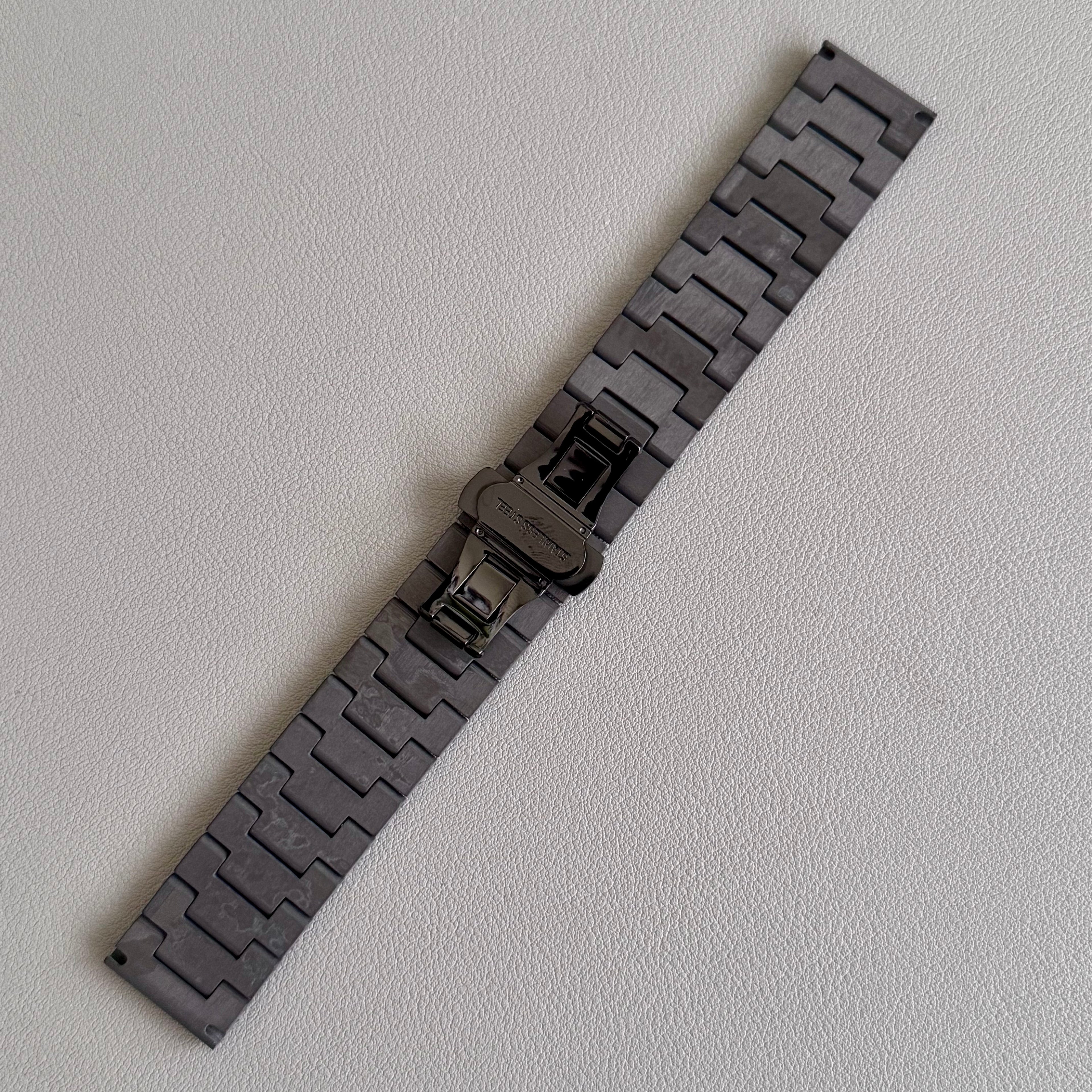 20mm flat end Forged Carbon watch bracelet with PVD black steel butterfly clasp