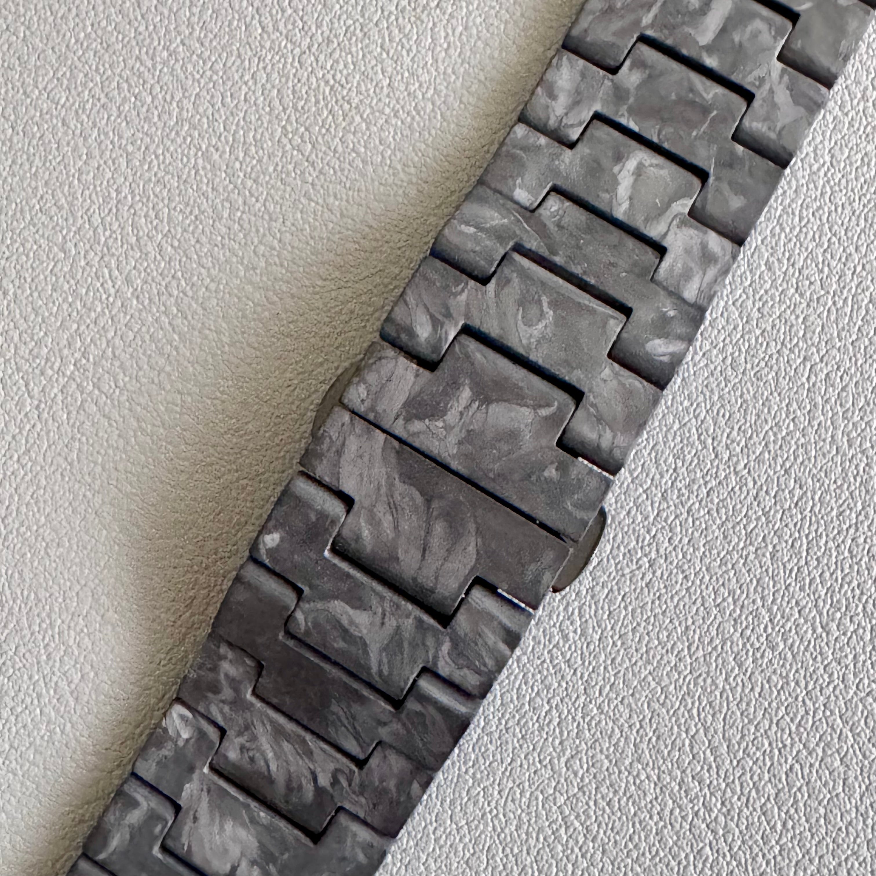 Close up of flat end Forged Carbon watch bracelet 