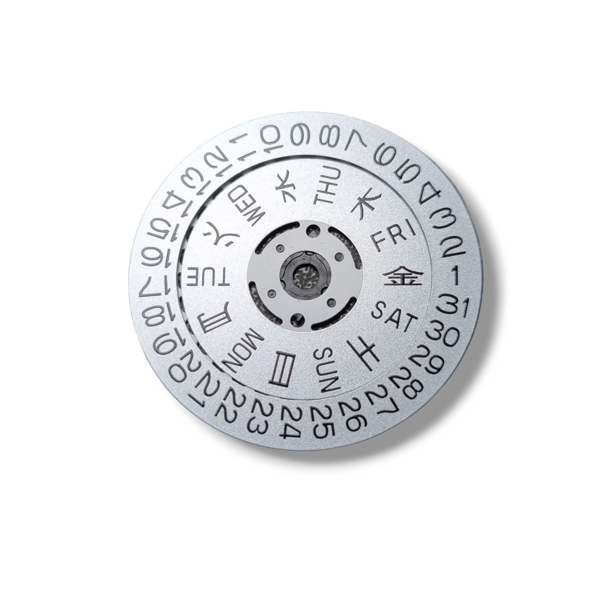 MVT034 NH36 Kanji Day Date Wheels in Vintage Silver