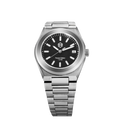 A silver-toned Project MM1 Pioneer Edition watch with a black waffle dial, stainless steel bracelet, and a vulcanised rubber strap.
