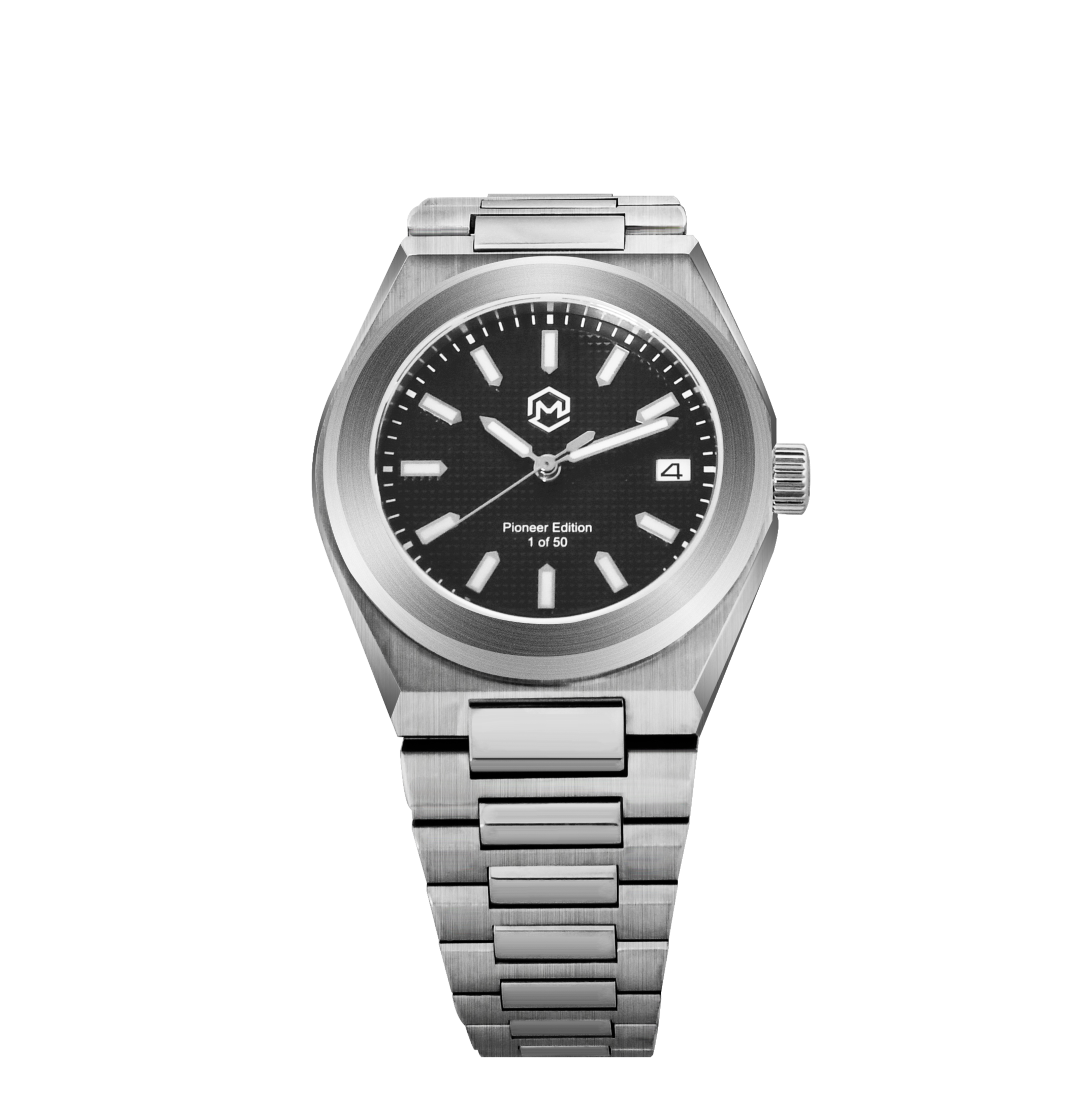 A silver-toned Project MM1 Pioneer Edition watch with a black waffle dial, stainless steel bracelet, and a vulcanised rubber strap.