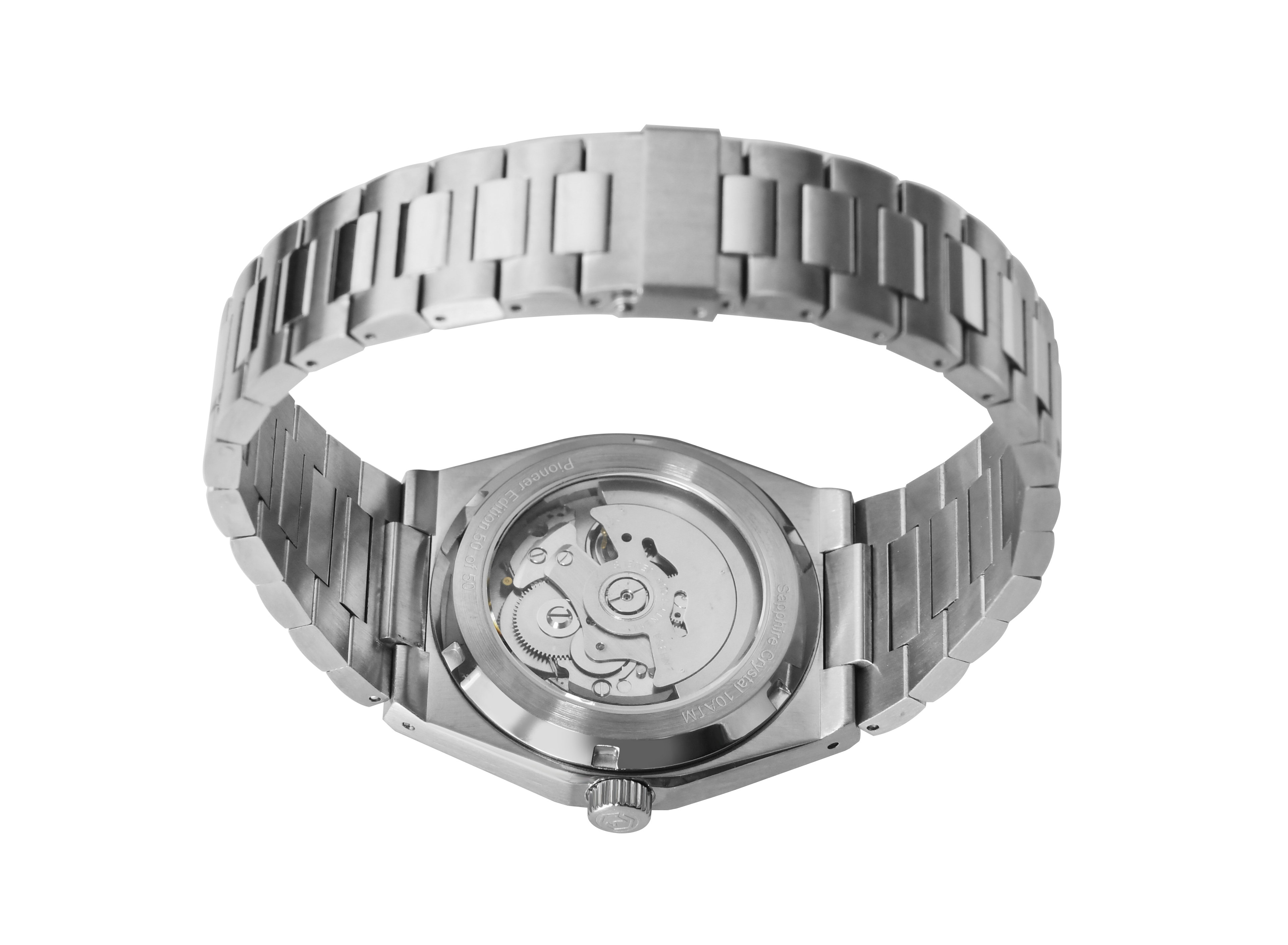 A silver-toned Project MM1 Pioneer Edition watch with a black waffle dial, stainless steel bracelet, and a vulcanised rubber strap.