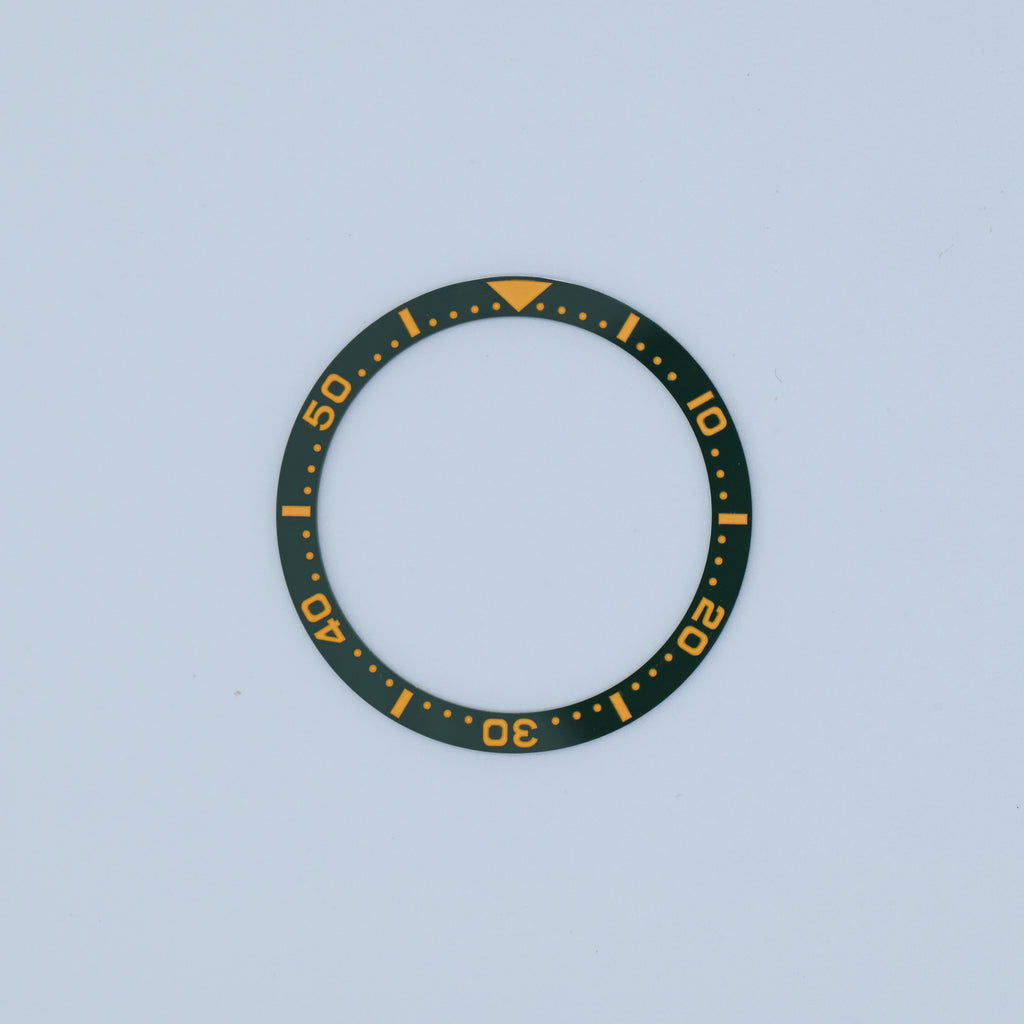 BZI016GRYE 38mm Green with Yellowish Orange Text SKX Style Flat Ceramic Insert