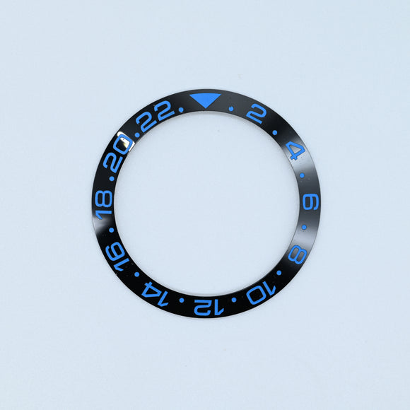 BZI019BKET 38mm Black with Electric Blue Text GMT Style Sloped Insert