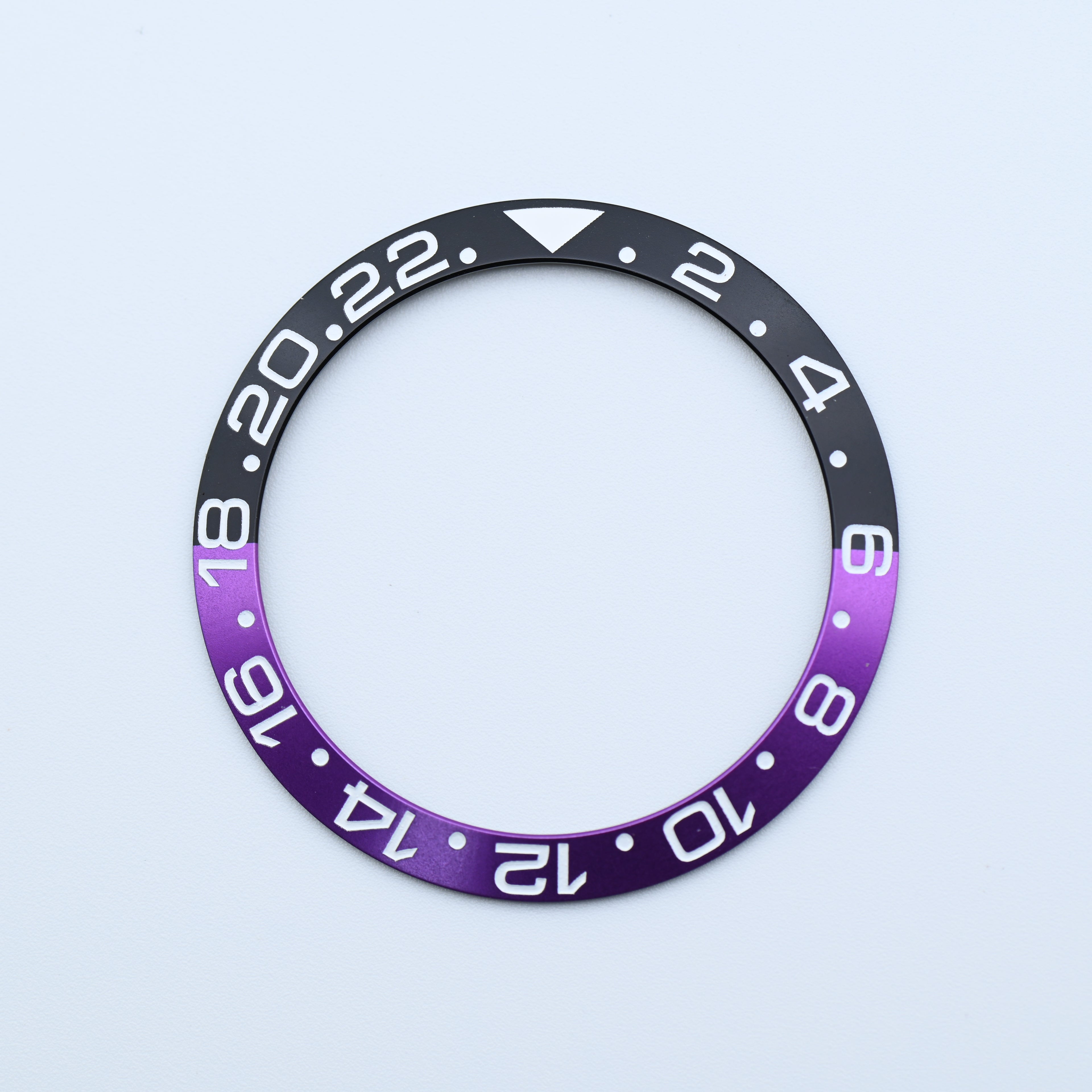 BZI019BKPU 38mm Black and Purple with White Text GMT Style Sloped Insert