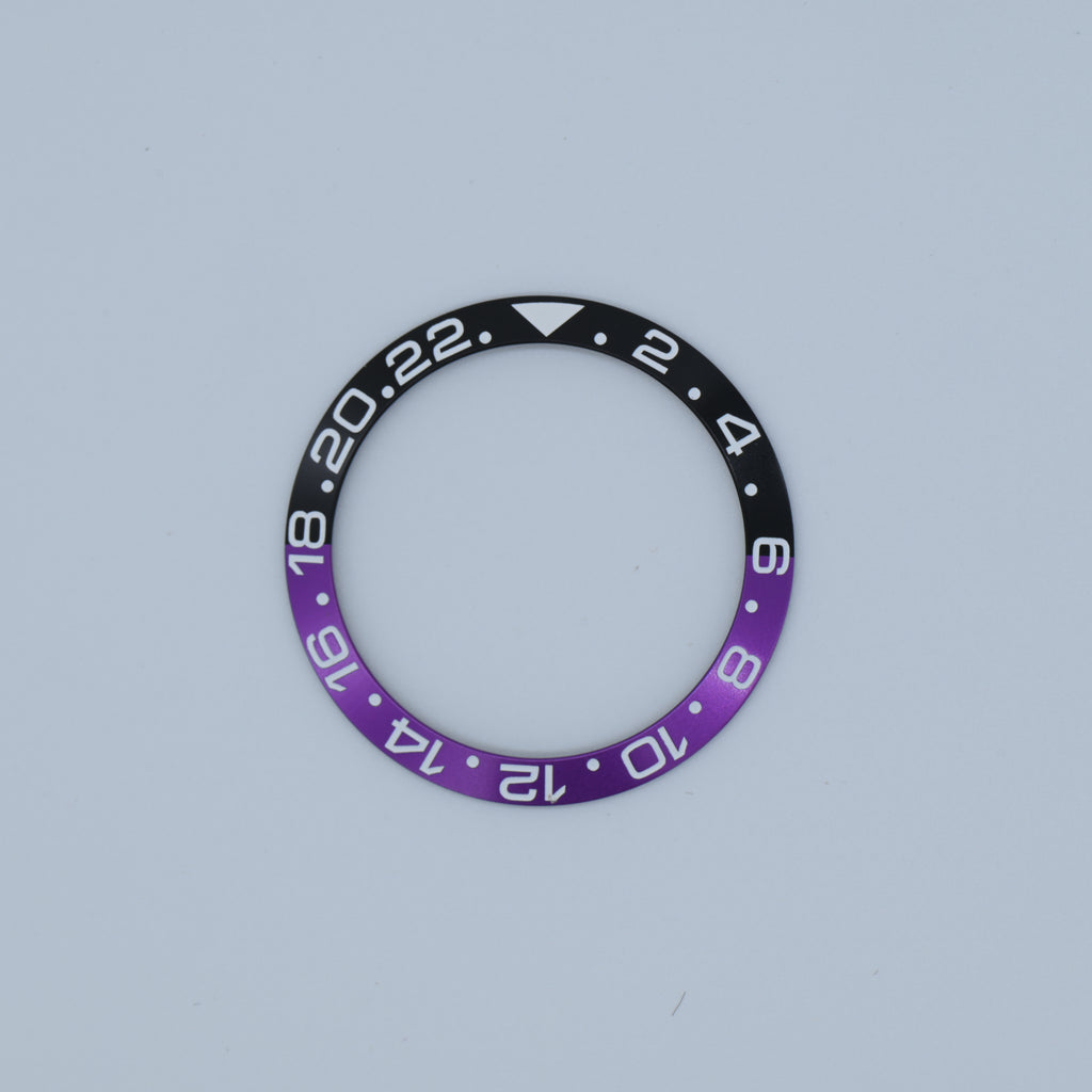 BZI019BKPU 38mm Black and Purple with White Text GMT Style Sloped Insert